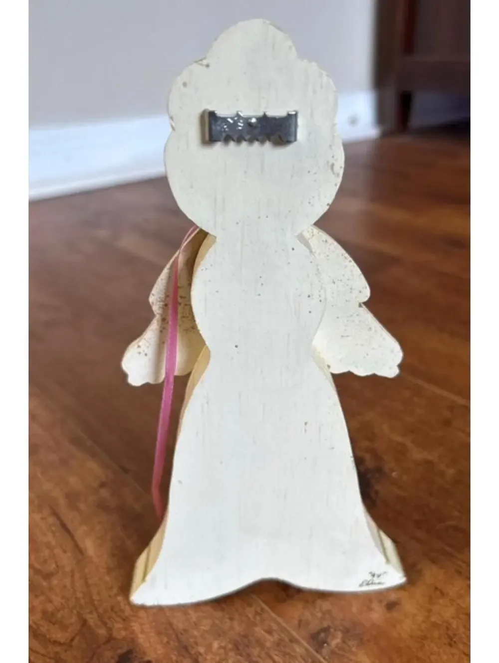 Vintage Wooden Wall Hanging Doll with Floral Design and Pink Ribbon